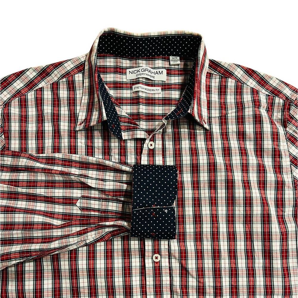 Nick Graham Plaid Shirt Mens‎ XL Red White Stretch Modern Fit Polka Dot Contrast
